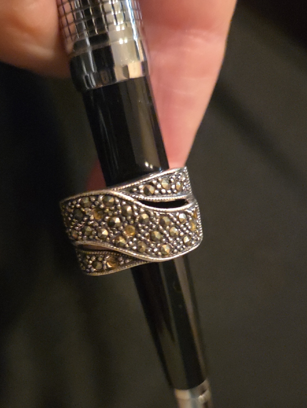 Sterling Silver 925 Marcasite Wave Wide Band Ring - Silver